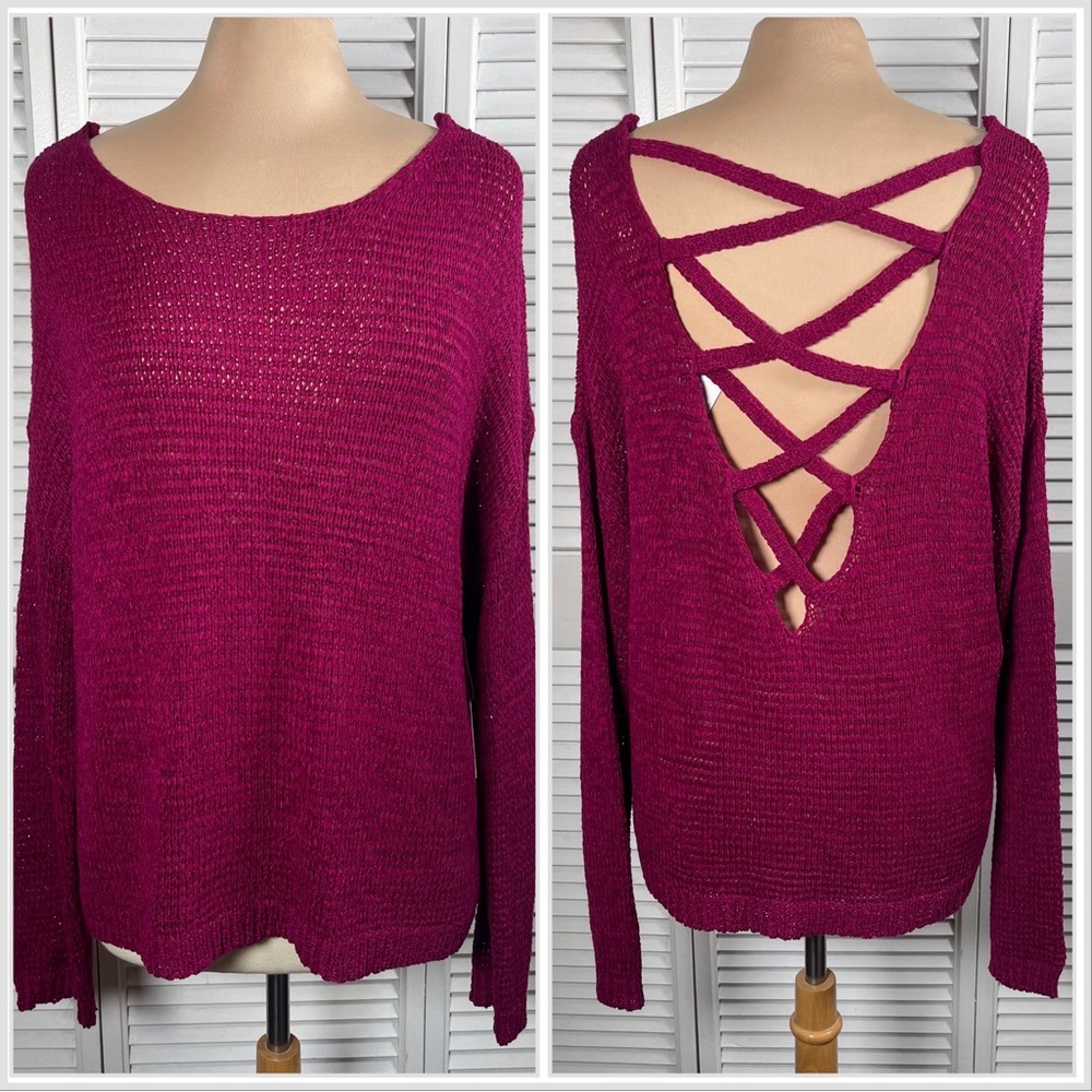 Forever 21 Magenta Open Back Criss Cross Knit Sweater Top L